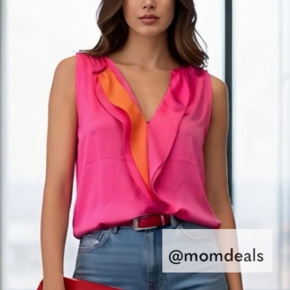 Tahari Women’s Sleeveless Blouse Front Overlap V Neck Accent